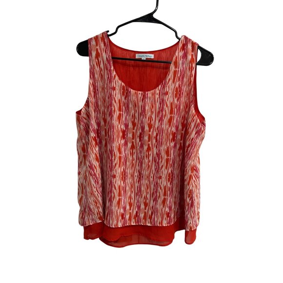 Claudia Richard Sleeveless Red Pink Ikat Print Chiffon Blouse Sz Large - Picture 1 of 11
